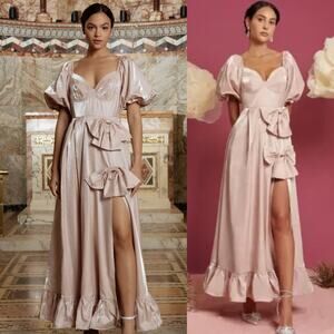 Sister Jane | NWT Bow Maxi Dress in Rose Quartz Puff Sleeve Satin Twill XS